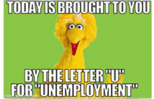 big bird from sesame street says today is brought to you by the letter " u " for unemployment