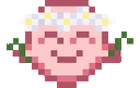 a pixel art illustration of a strawberry with a flower crown on its head .