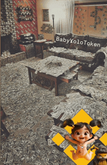 a room with a lot of money on the floor and the words babyyo1otoken at the bottom