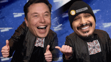 elon musk and a man wearing a dogecoin beanie