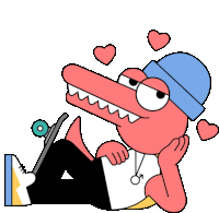 a cartoon of a crocodile wearing a blue hat with hearts around his head