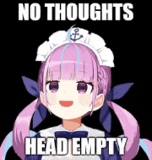 a girl with purple hair is wearing a maid hat and says `` no thoughts headempty '' .