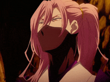 a woman with pink hair and a ponytail is wearing a mask