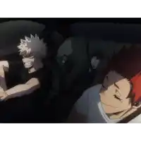 three anime characters are sitting in a car and one of them is sleeping