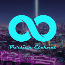 a logo for persian eternal is shown with a cityscape in the background