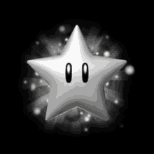 a white star with two eyes and a face on a black background .