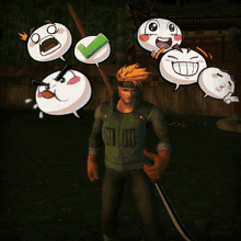 a man with a sword surrounded by speech bubbles with various facial expressions