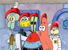 a group of cartoon characters from spongebob squarepants wearing red hats .