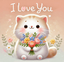 a cat holding a bouquet of flowers with the words " i love you " written above it