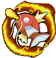 a cartoon fish is surrounded by flames and has a flame coming out of its mouth