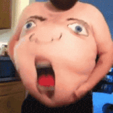 a man with a face painted on his belly looks surprised