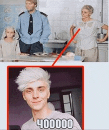 a man with white hair is smiling in front of a picture of a man and woman in a kitchen .