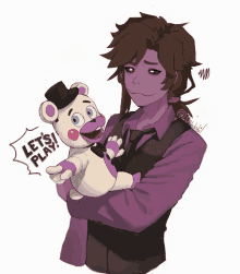 a drawing of a man holding a teddy bear that says let 's play on it