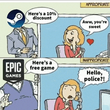 a cartoon of a man talking to a woman who is talking on a phone with an epic games logo on it