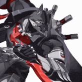a black and white drawing of a robot with a red ribbon around its neck