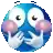 a pixel art illustration of a blue smiley face with white hands covering it 's mouth .