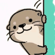 a cartoon otter is peeking around a wall .