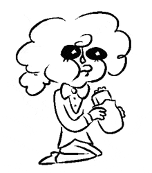 a black and white drawing of a cartoon character eating a sandwich and drinking from a cup .