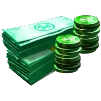 a stack of 100 dollar bills next to a stack of green coins with rs on them