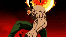 a cartoon of a man with flames coming out of his torso