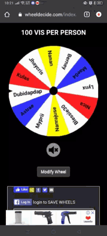 a phone screen shows a wheel with the words 100 vis per person