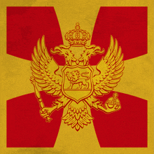 a red and yellow flag with a shield with a lion and a crown on it