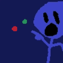 a pixel art drawing of a blue ghost with a red and green heart in the background