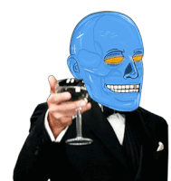 a man in a tuxedo with a blue skull on his head holding a glass of wine