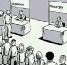 a group of people standing around a table with a sign that says ranboo and thearpy .