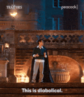 a man in a cape is standing on a set of stairs with the caption this is diabolical