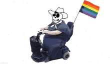 a drawing of a skeleton riding a scooter with a rainbow flag