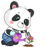 a cartoon panda is watering a flower with a watering can that says panda on it