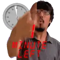 a man pointing at a clock with the words minute left written in red