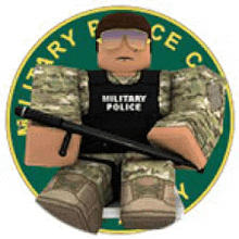 a man in a military uniform is holding a baton in a military police badge .