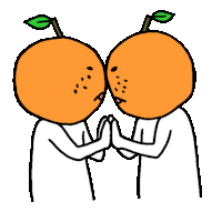 a couple of oranges with faces on them are holding hands .