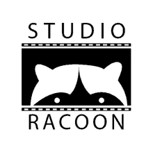 a black and white logo for studio raccoon with a raccoon peeking out from behind a film strip .