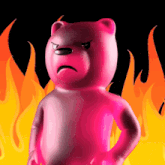 a pink teddy bear with an angry look on his face stands in front of flames