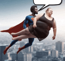 a man in a superman costume is flying with a woman on his back