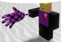 a purple and black checkered glove is being held by a purple roblox character