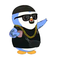 a cartoon penguin wearing sunglasses and a black vest with a chain around his neck