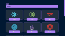 a display of various programming languages including react node npm elixir and angular