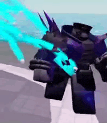 a robot with a blue sword is standing on a sidewalk in a video game .