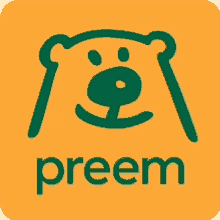 a green and yellow logo for preem with a bear on it