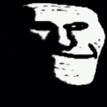 a black and white drawing of a troll face with a smile on it .