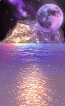 a full moon is reflected in the water near a mountain