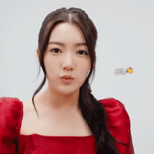 a woman in a red dress is making a funny face with korean writing behind her