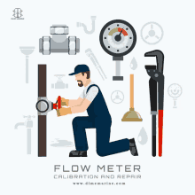 an illustration of a man working on a pipe with the words flow meter calibration and repair on the bottom