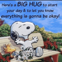 a picture of snoopy and woodstock on a bench with a big hug to sister