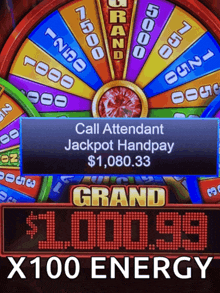 a screenshot of a slot machine that says call attendant jackpot handpay $ 1,080.33