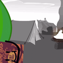 a cartoon drawing of a camping scene with tents and mountains